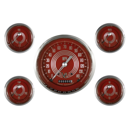 PartzBiz CM: V8RS54SLC-Classic Instruments V8 Red Steelie Five Gauge Set PartzBiz CM: V8RS54SLC-Classic Instruments V8 Red Steelie Five Gauge Set
