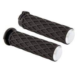 PartzBiz HD 500-005 - Arlen Ness Diamond Rubber Grips Chrome TBW Billet 1” Pair Harley Big Twin XL