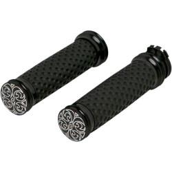 PartzBiz HD AN07-088 - Arlen Ness Black Ano Engraved Soft-Touch Hand Grips Dual Cable for Harley | 07-088