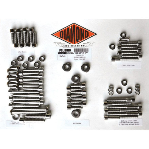 PartzBiz HD: 4421864-Diamond OEM Polished Stainless Steel Engine Bolt Kit Softail & Dyna EVO 91-99 | DE6512HP