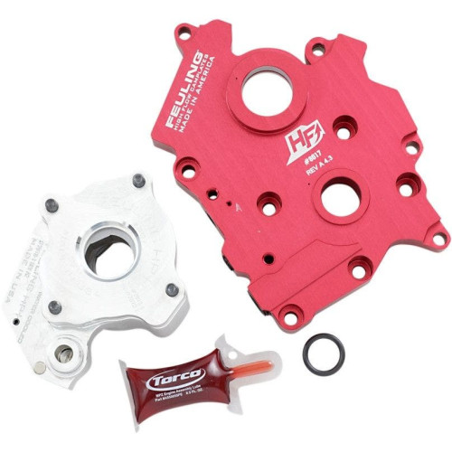 PartzBiz HD: 4415778-Feuling 7198 Red & Chrome Race Series Oil Pump & Camplate Kit 17-19 Harley Davidson M-Eight M8 Milwaukee-Eight 2017 2018 2019 Touring Softail Electra Glide Road King Fat Boy bob slim breakout performance hp horse power upgrade replacement 0932-023