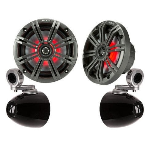 PartzBiz HD: 4413682-Kicker 45KM44 4" Coaxial Speakers 4-Ohm 50W w/ Round Speaker Clamp On Enclosures Harley Davidson Handlebars tube Mount Bar Speakers radio Stereo audio sound system upgrade 4 inch motorcycle utv atv boat waterproof outdoor