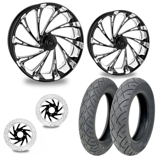 PartzBiz HD: 4407014-PM Del Rey Contrast 21/18 Front Rear Wheel Package Set Tires Rotors Harley FLH/T