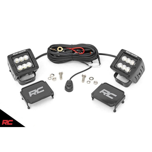 PartzBiz HD: 4404567-Rough Country 70133BL Black Series 2” Square Cree LED Light Cube คู่ Flood Beam Jeep wrangler cj yj tj jk jl Gladiator jt grand cherokee xj zj wj wk wk2 offroad toyota tacoma สีขาวสว่าง bar pods w/สายไฟ aux beam