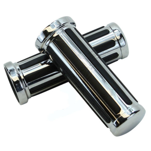 PartzBiz HD: 4400909-V-Twin Chrome w/ Black Rubber Rail Style Grips Hand Grip Set Harley 1" Handlebars 28-2229